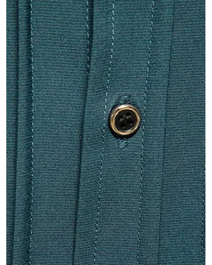 Pleated Casual Shirt Plain Color Long Sleeve Stand Collar Button-up Shirt