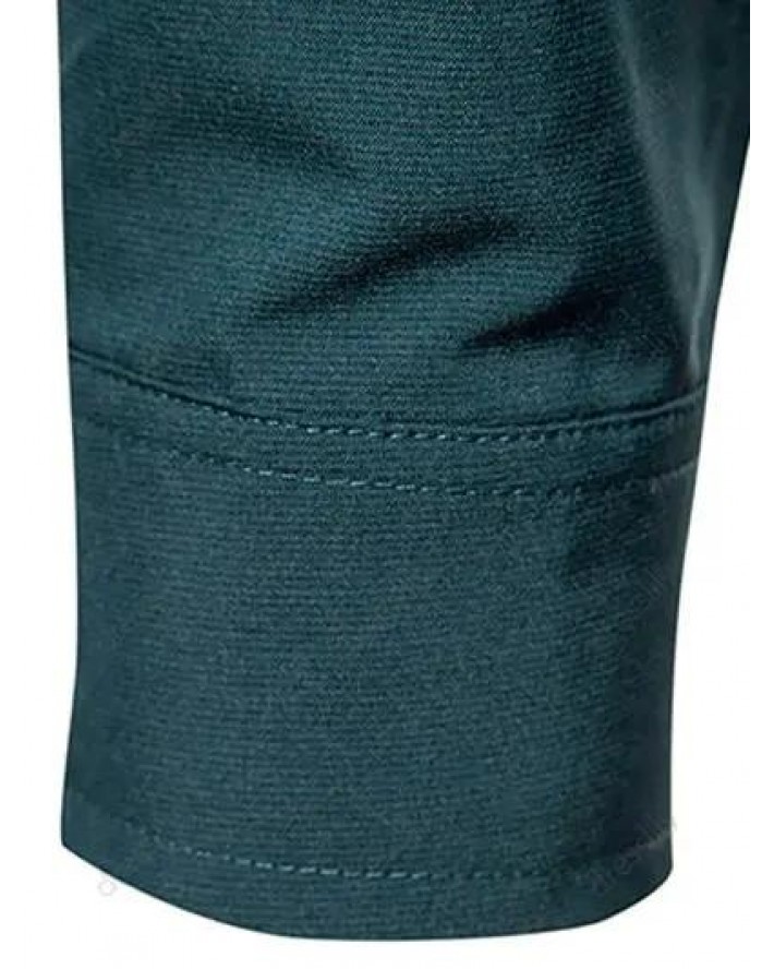 Pleated Casual Shirt Plain Color Long Sleeve Stand Collar Button-up Shirt