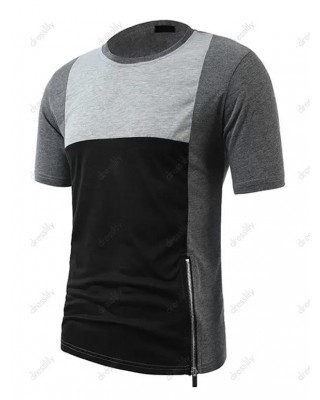 Colorblock Panel Short Sleeve T-shirt Zipper Detail Round Neck Casual Tee