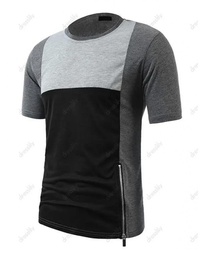 Colorblock Panel Short Sleeve T-shirt Zipper Detail Round Neck Casual Tee