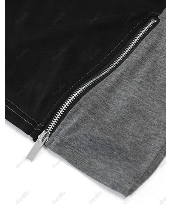 Colorblock Panel Short Sleeve T-shirt Zipper Detail Round Neck Casual Tee