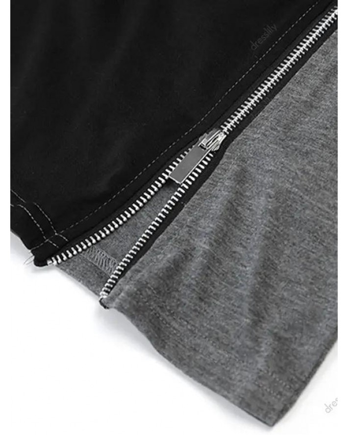 Colorblock Panel Short Sleeve T-shirt Zipper Detail Round Neck Casual Tee