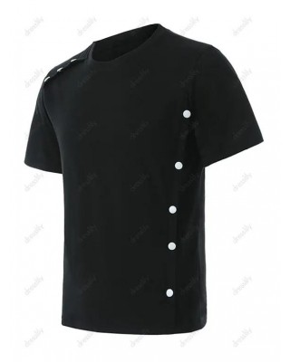Short Sleeve Mock Button Embellishment T-shirt Round Neck Casual Tee