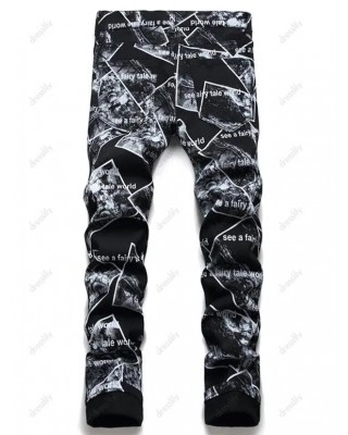 Zipper Fly Jeans Picture Slogan Print Jeans Pockets Casual Denim Pants