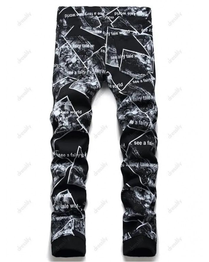 Zipper Fly Jeans Picture Slogan Print Jeans Pockets Casual Denim Pants