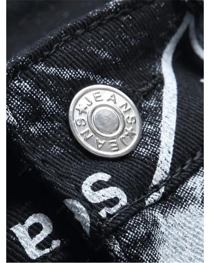 Zipper Fly Jeans Picture Slogan Print Jeans Pockets Casual Denim Pants