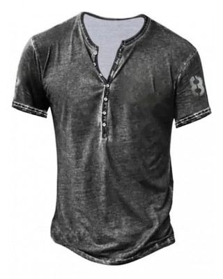 Casual T Shirt Heather Number Print Half Button Round Neck Short Sleeve Summer Tee