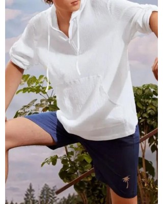 Hooded Shirt Solid Color Shirt Drawstring Half Zipper Pockets Pullover Long Sleeve Shirt
