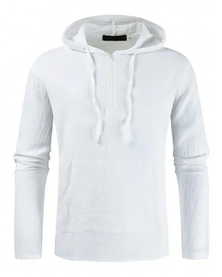 Hooded Shirt Solid Color Shirt Drawstring Half Zipper Pockets Pullover Long Sleeve Shirt