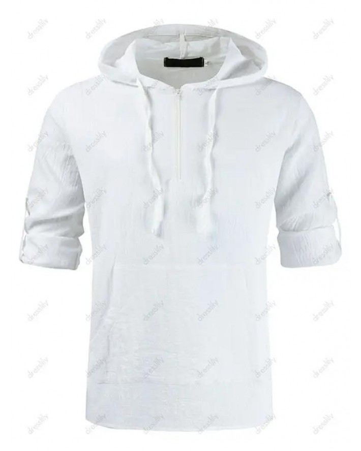 Hooded Shirt Solid Color Shirt Drawstring Half Zipper Pockets Pullover Long Sleeve Shirt