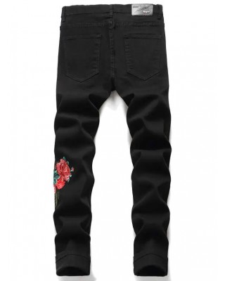 Flower Embroidery Ripped Distressed Jeans