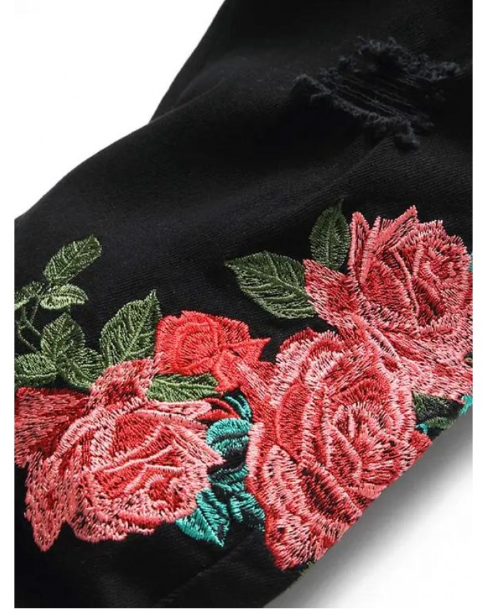 Flower Embroidery Ripped Distressed Jeans