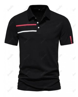 Casual Summer T Shirt Half Button Striped Print Short Sleeve Turn Down Collar Tee