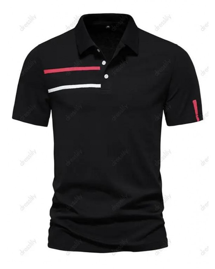 Casual Summer T Shirt Half Button Striped Print Short Sleeve Turn Down Collar Tee