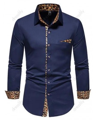 Casual Shirt Leopard Print Button-up Mock Pockets Long Sleeve Shirt