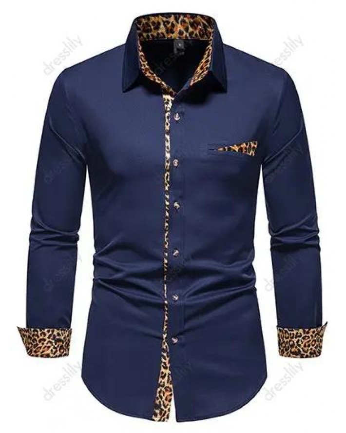 Casual Shirt Leopard Print Button-up Mock Pockets Long Sleeve Shirt