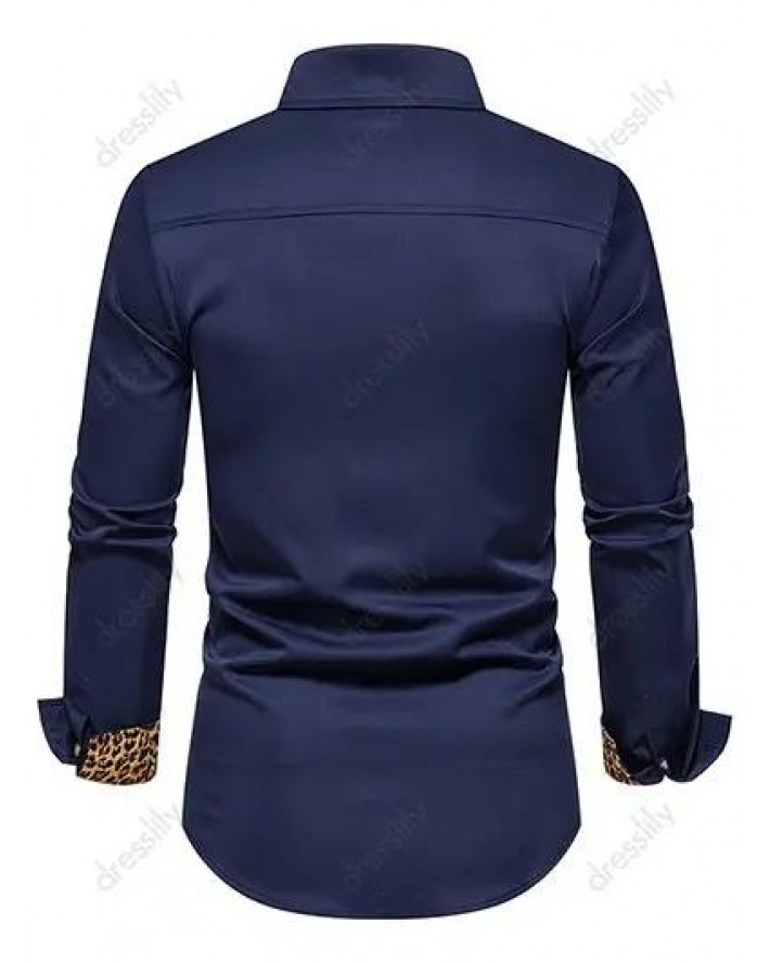 Casual Shirt Leopard Print Button-up Mock Pockets Long Sleeve Shirt