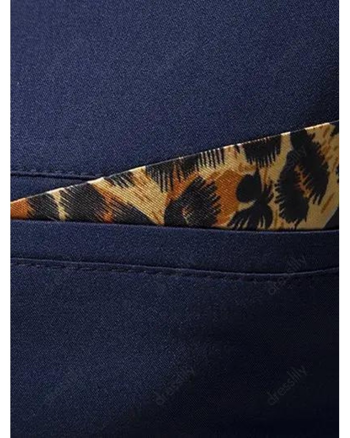 Casual Shirt Leopard Print Button-up Mock Pockets Long Sleeve Shirt