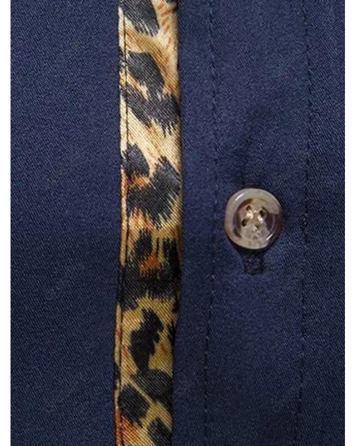 Casual Shirt Leopard Print Button-up Mock Pockets Long Sleeve Shirt