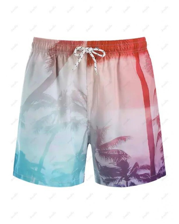 Ombre Palm Tree Drawstring Board Shorts