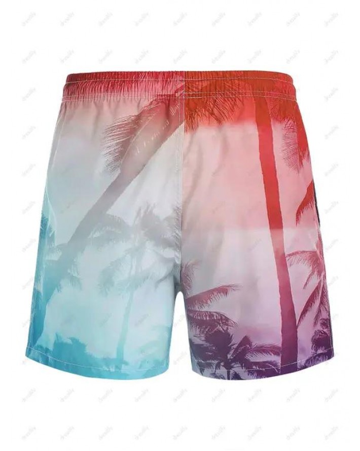 Ombre Palm Tree Drawstring Board Shorts
