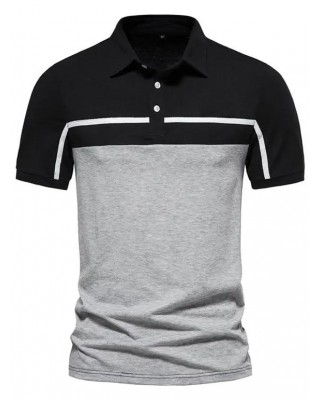Summer Casual T Shirt Contrast Colorblock Half Button Short Sleeve Turn Down Collar Tee