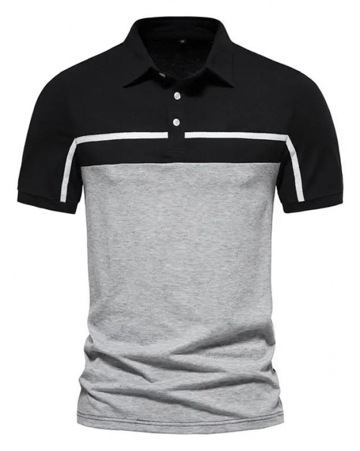 Summer Casual T Shirt Contrast Colorblock Half Button Short Sleeve Turn Down Collar Tee