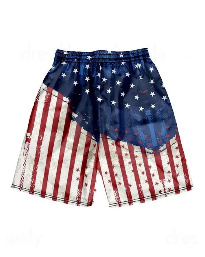 Star Striped Pattern Shorts Colorblock Elastic Waist Patriotic Beach Shorts