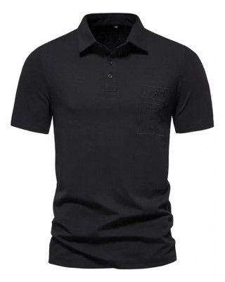 Solid Color T Shirt Number Letter Embroidered Half Button Turn Down Collar Short Sleeve Summer Casual Tee