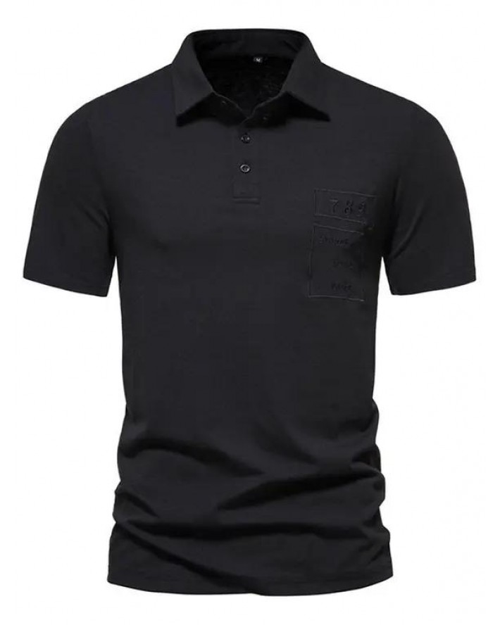 Solid Color T Shirt Number Letter Embroidered Half Button Turn Down Collar Short Sleeve Summer Casual Tee