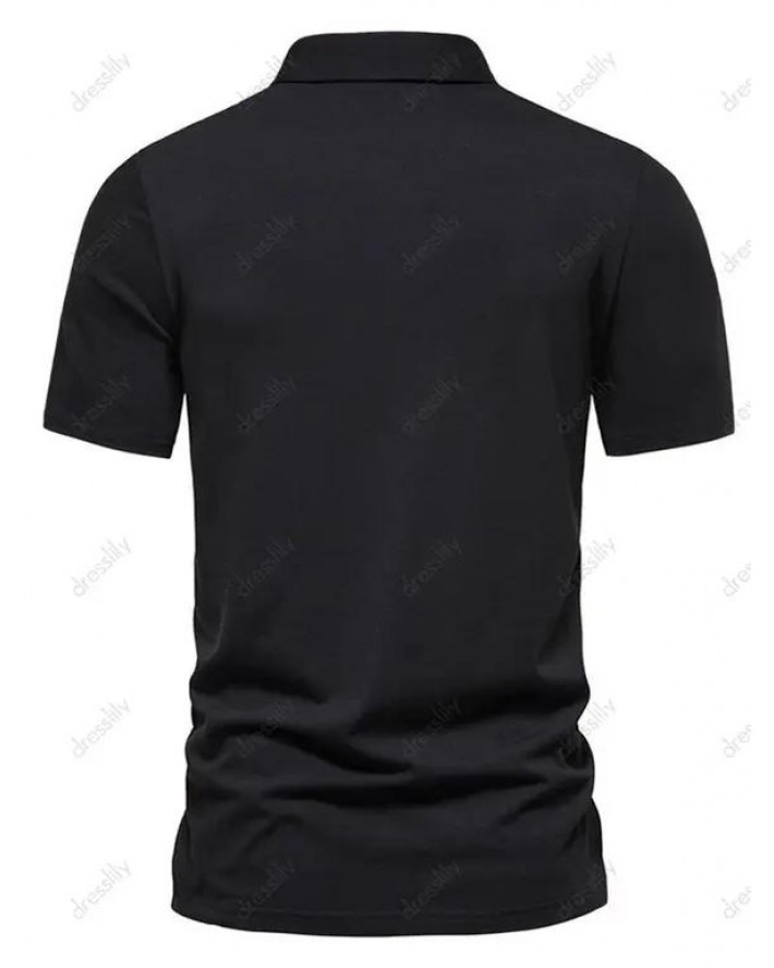 Solid Color T Shirt Number Letter Embroidered Half Button Turn Down Collar Short Sleeve Summer Casual Tee