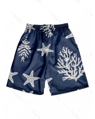 Starfish Coral Print Board Shorts Elastic Waist Casual Vacation Beach Shorts