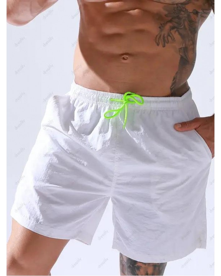 Vacation Casual Board Shorts Solid Color Drawstrings Pockets Basic Summer Beach Shorts