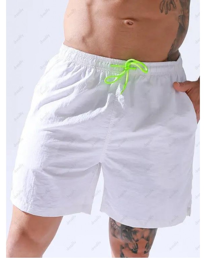 Vacation Casual Board Shorts Solid Color Drawstrings Pockets Basic Summer Beach Shorts