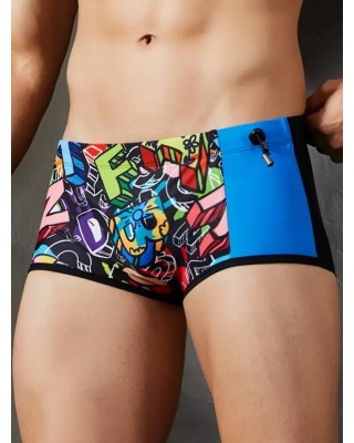 Beach Swimming Trunks Contrast Colorblock Printed Drawstrings Short Skinny Swimming Bottom