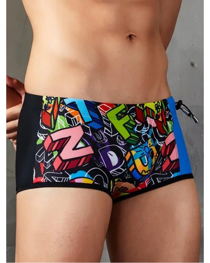 Beach Swimming Trunks Contrast Colorblock Printed Drawstrings Short Skinny Swimming Bottom