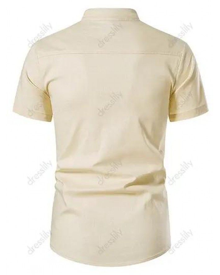 Summer Shirt Solid Color Stand Collar Short Sleeve Button-up Casual Shirt