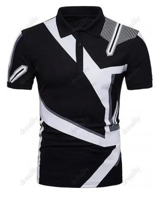 Casual T Shirt Geometric Print Half Button Turn Down Collar Short Sleeve Summer Tee
