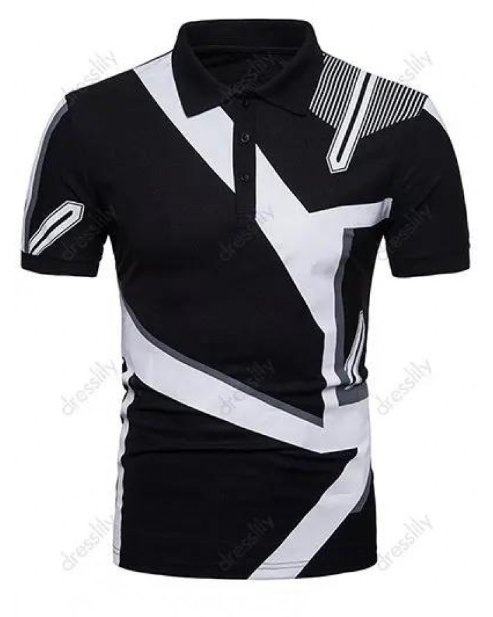 Casual T Shirt Geometric Print Half Button Turn Down Collar Short Sleeve Summer Tee