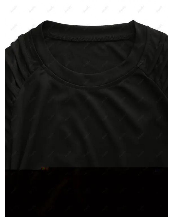 Casual T Shirt Solid Color Pleated Applique Round Neck Short Reglan Sleeve Summer Tee