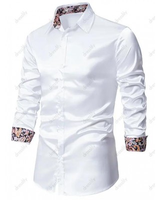 Satin Shirt Paisley Print Insert Turn Down Collar Long Sleeve Button-up Shirt