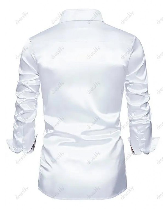 Satin Shirt Paisley Print Insert Turn Down Collar Long Sleeve Button-up Shirt