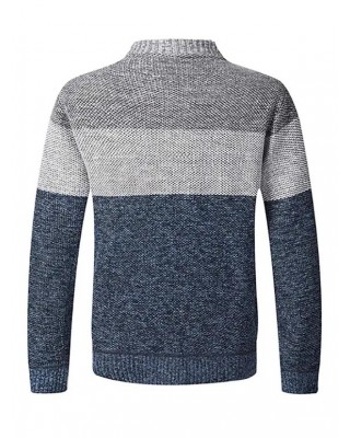 Colorblock Fleece Lining Knit Jacket Zip Up Stand Up Warm Knitted Jacket
