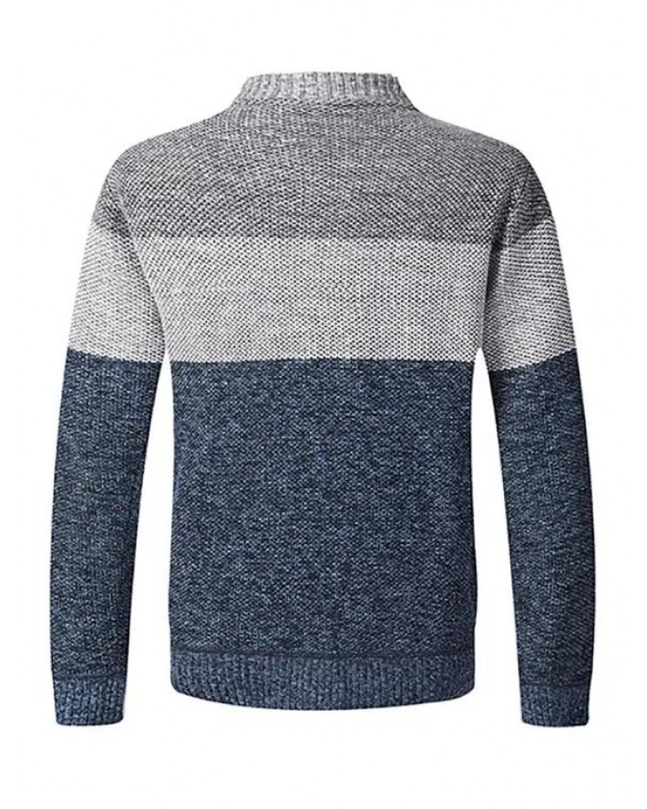Colorblock Fleece Lining Knit Jacket Zip Up Stand Up Warm Knitted Jacket