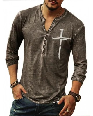 Casual T Shirt Cross Print Heather Half Button Long Sleeve Spring Tee