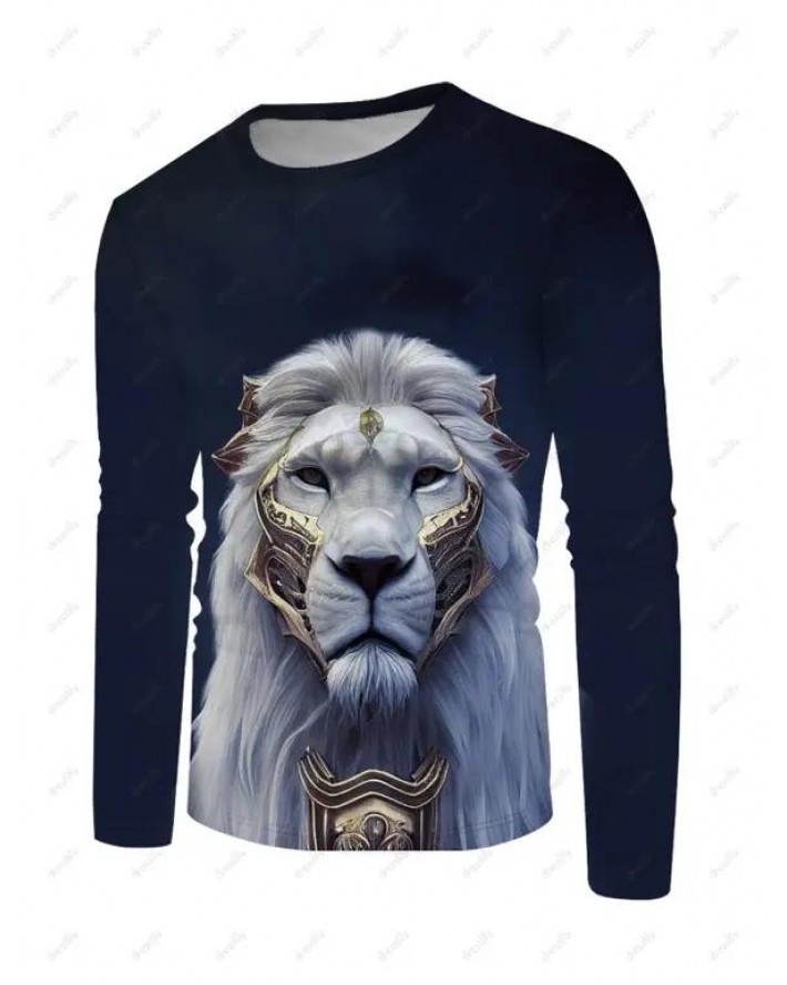 Lion Print Long Sleeve Round Neck Casual Tee