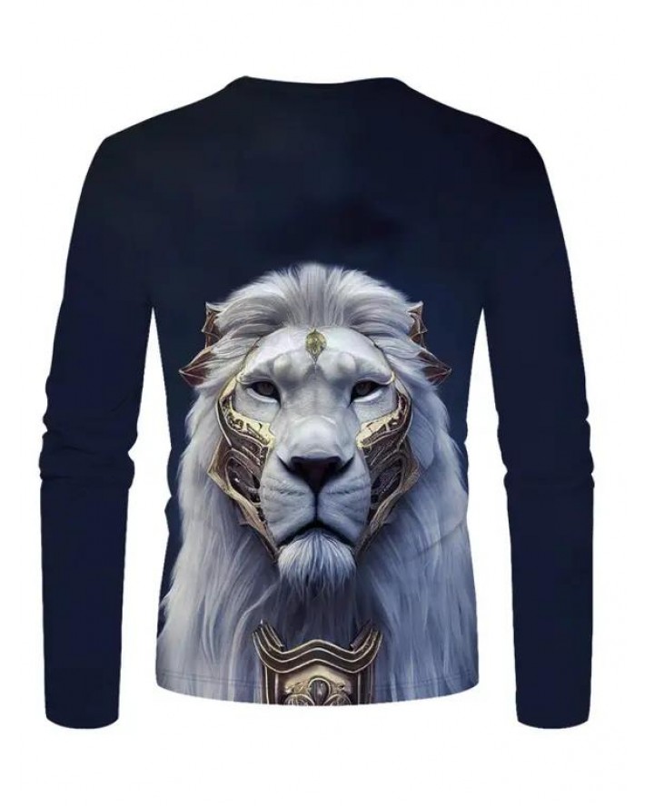 Lion Print Long Sleeve Round Neck Casual Tee