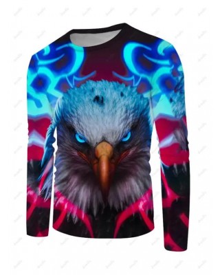 Electric Eagle Print T-shirt Casual Round Neck Long Sleeve Tee