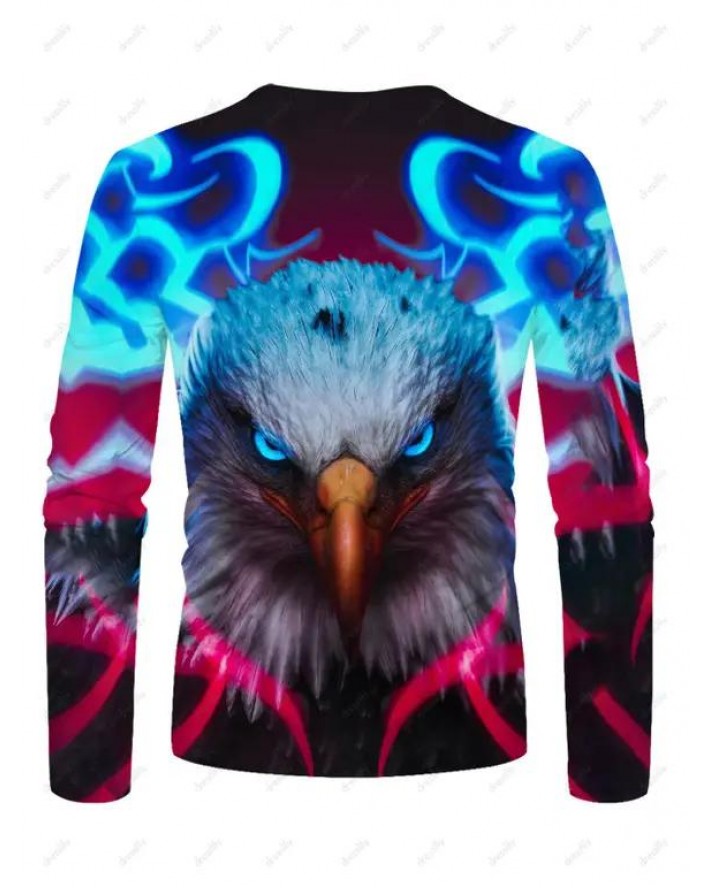 Electric Eagle Print T-shirt Casual Round Neck Long Sleeve Tee