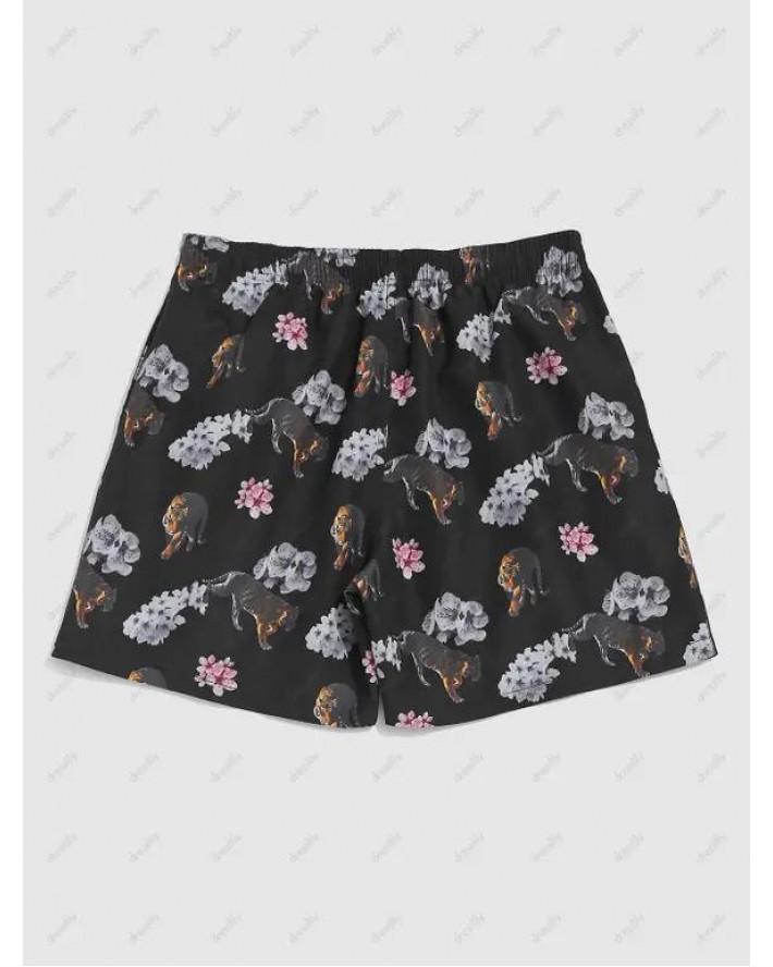 Floral Tiger Print Drawstring Board Shorts